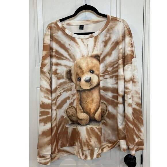 Shein Curve 3xl Teddy Bear Tie-Dye Sweatshirt Tan and White EUC Casual Graphic - Picture 2 of 6